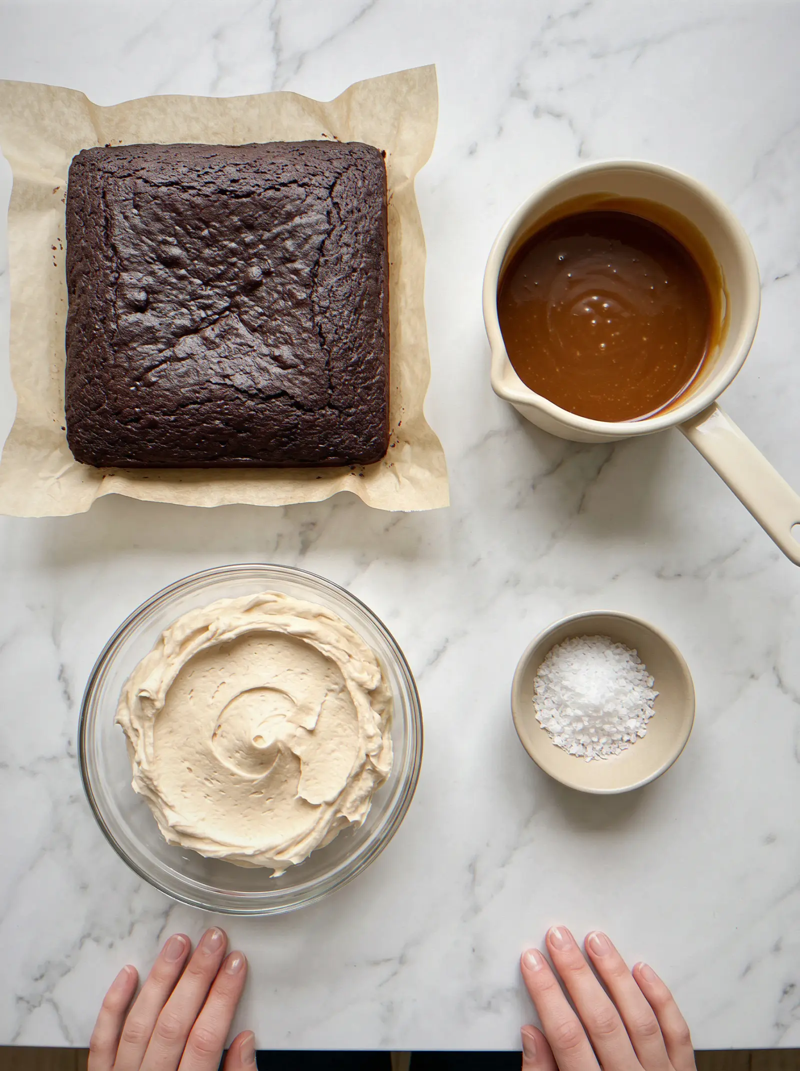 Dark chocolate, butter, brown sugar, eggs, flour, toffee caramel sauce and flaky sea salt in bowls