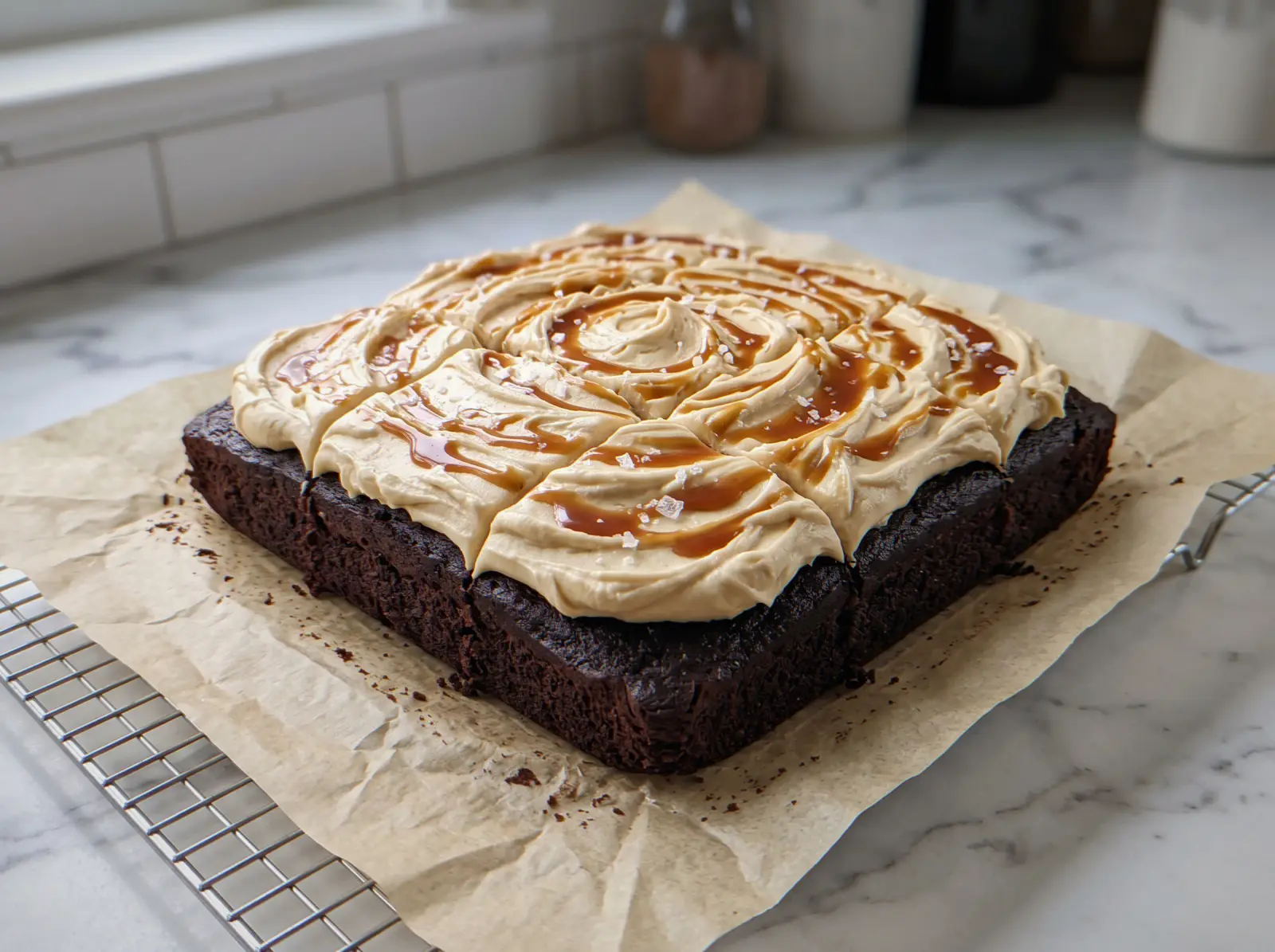 Molten chocolate sticky toffee pudding cake with glossy toffee caramel sauce, toffee buttercream and flaky sea salt